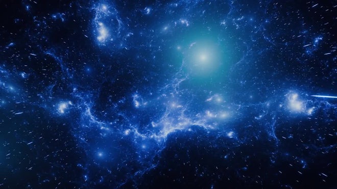 Space Travelling In Deep Space Into A Blue Nebula