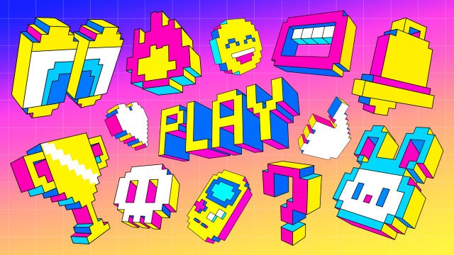 Pack Of 42 Pixel Cartoon Icons And Titles On Alpha Loop